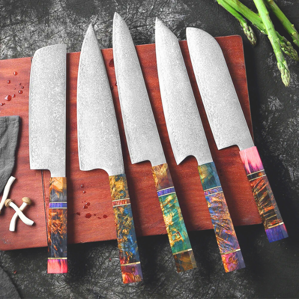 Unique Colourful Culinary Blade Set 5-Pieces Japanese Damascus Steel