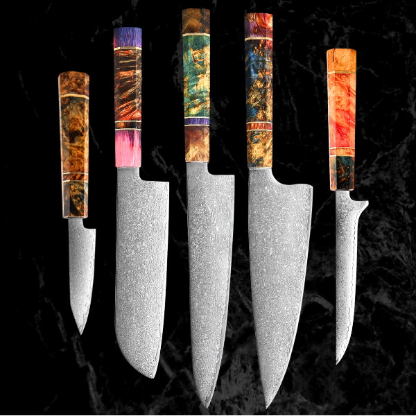 Unique Colourful Culinary Blade Set 5-Pieces Japanese Damascus Steel